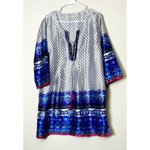 Soft Sorroundings Boho Tunic Women's Large Dress Blue White Print‎ 3/4 Sleeve
